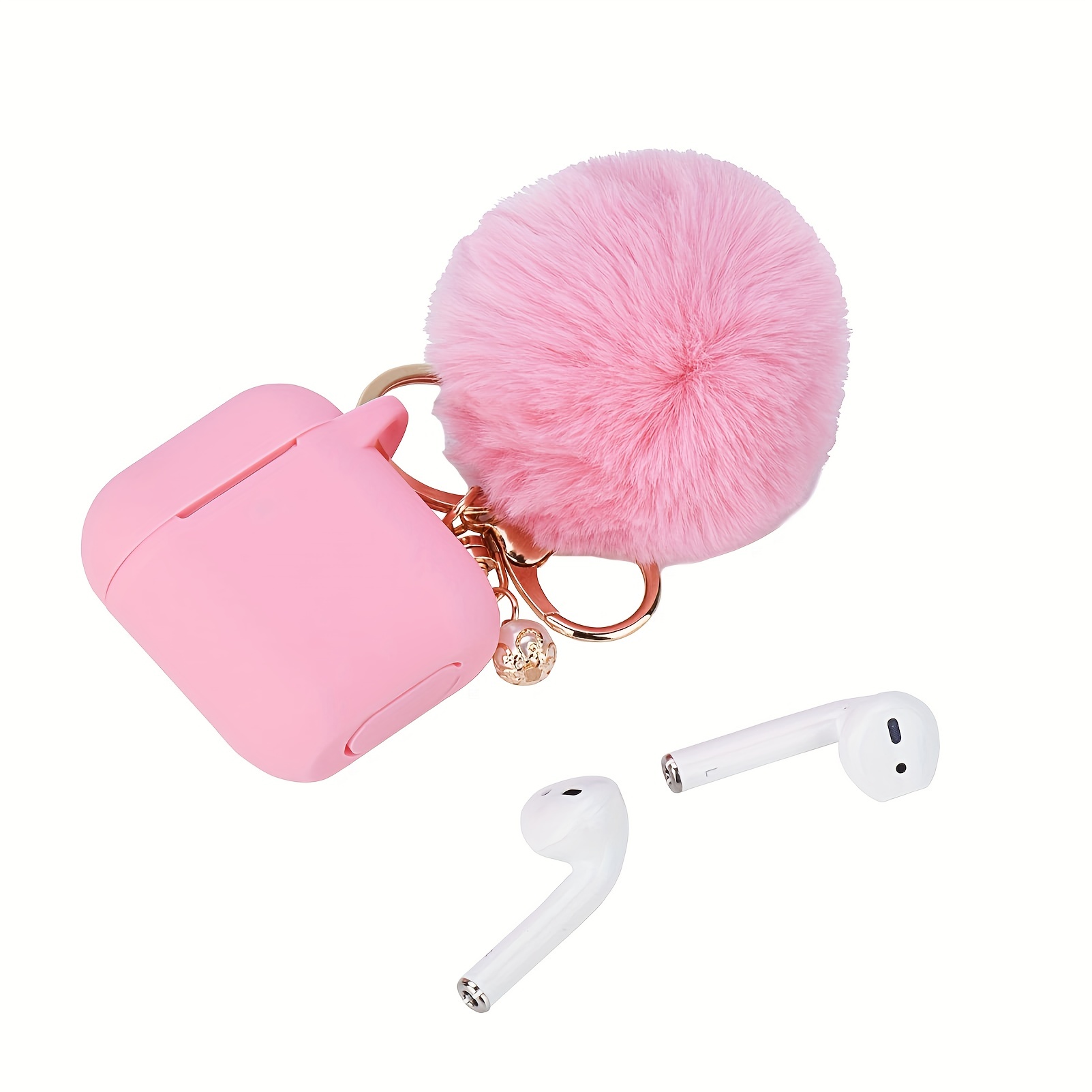 Pink Case for Women Cute Case Designed for AirPods Cover with Pom pom,  Silicone Protective Keychain Case Compatible with AirPods 1/2, Accessories