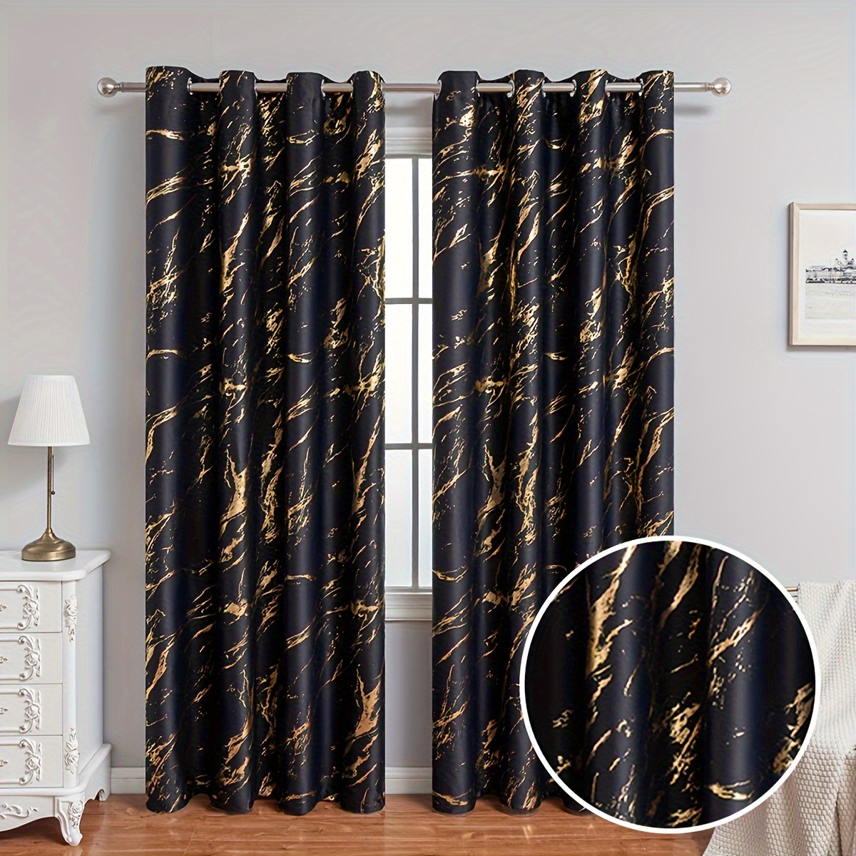 2pcs Gold-foiled Marble High-precision Bedroom Living Room Blackout Sunshade Curtains