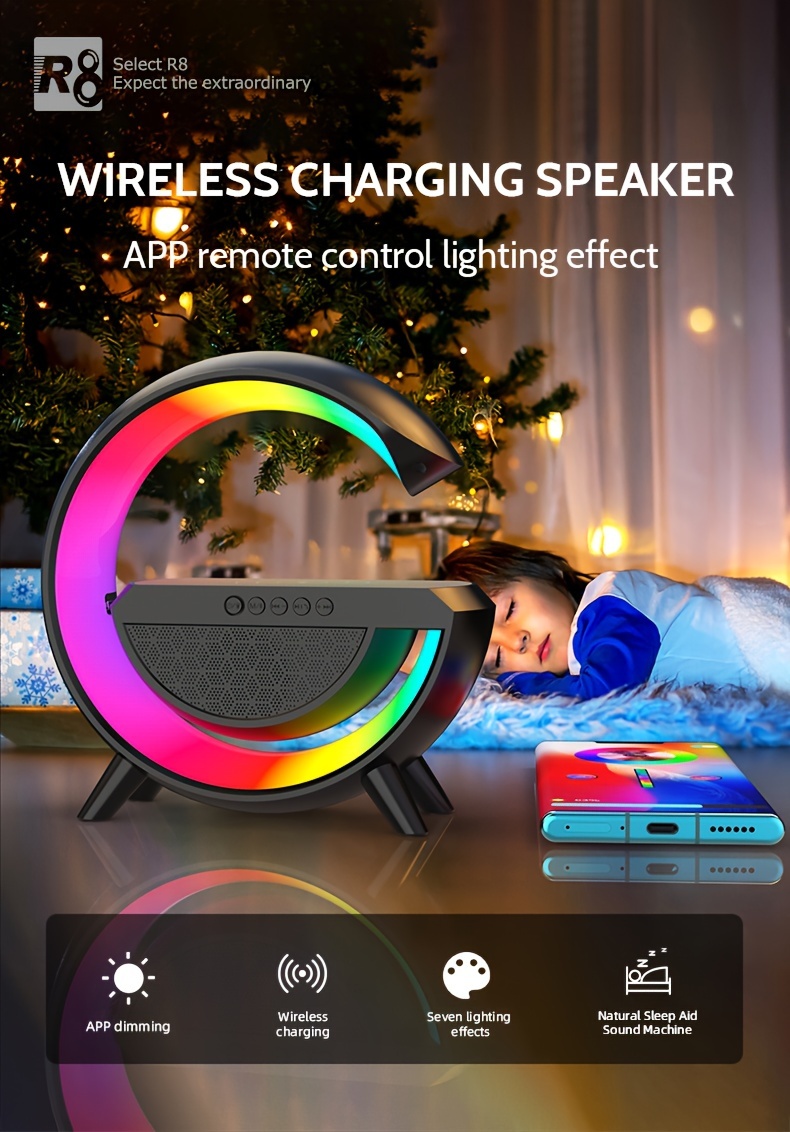  2301 wireless speaker 6 light modes wireless charging function black and white details 0