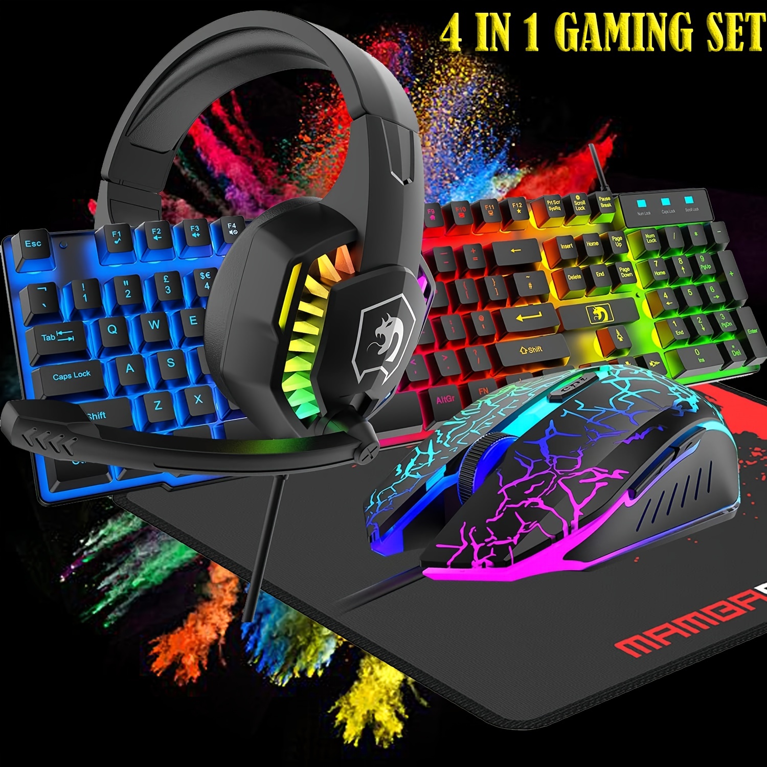 Gaming Keyboard and Mouse Combo with Headset, RGB Rainbow Backlit