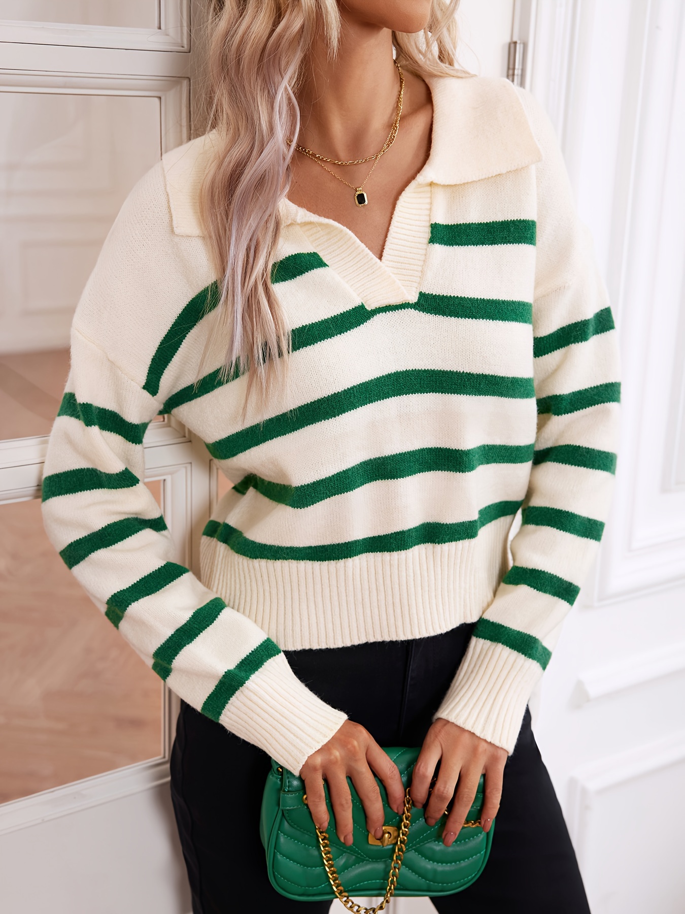 Striped V Neck Pullover Sweater, Casual Long Sleeve Sweater For Spring  Fall, Women's Clothing