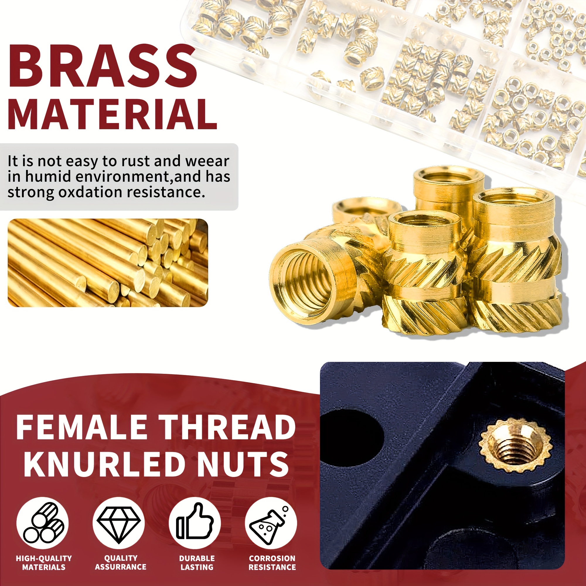 Brass Threaded Insert Assortment Kit Knurled Nuts In 5 Sizes
