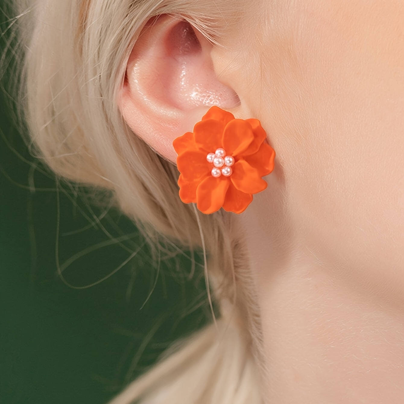 Versatile Orange Camellia Flower Stud Earrings, 1 Pair