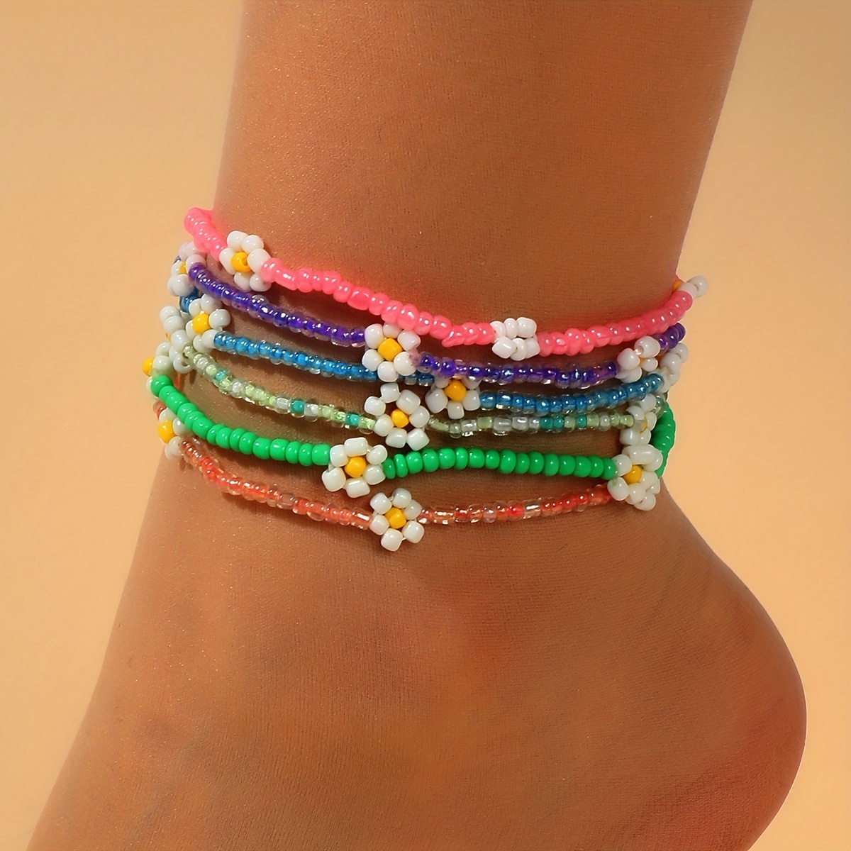

6pcs Stackable Colorful Mini Rice Beads Beaded Anklet Set With Flower Shape Beads Elegant Ankle Bracelet Set
