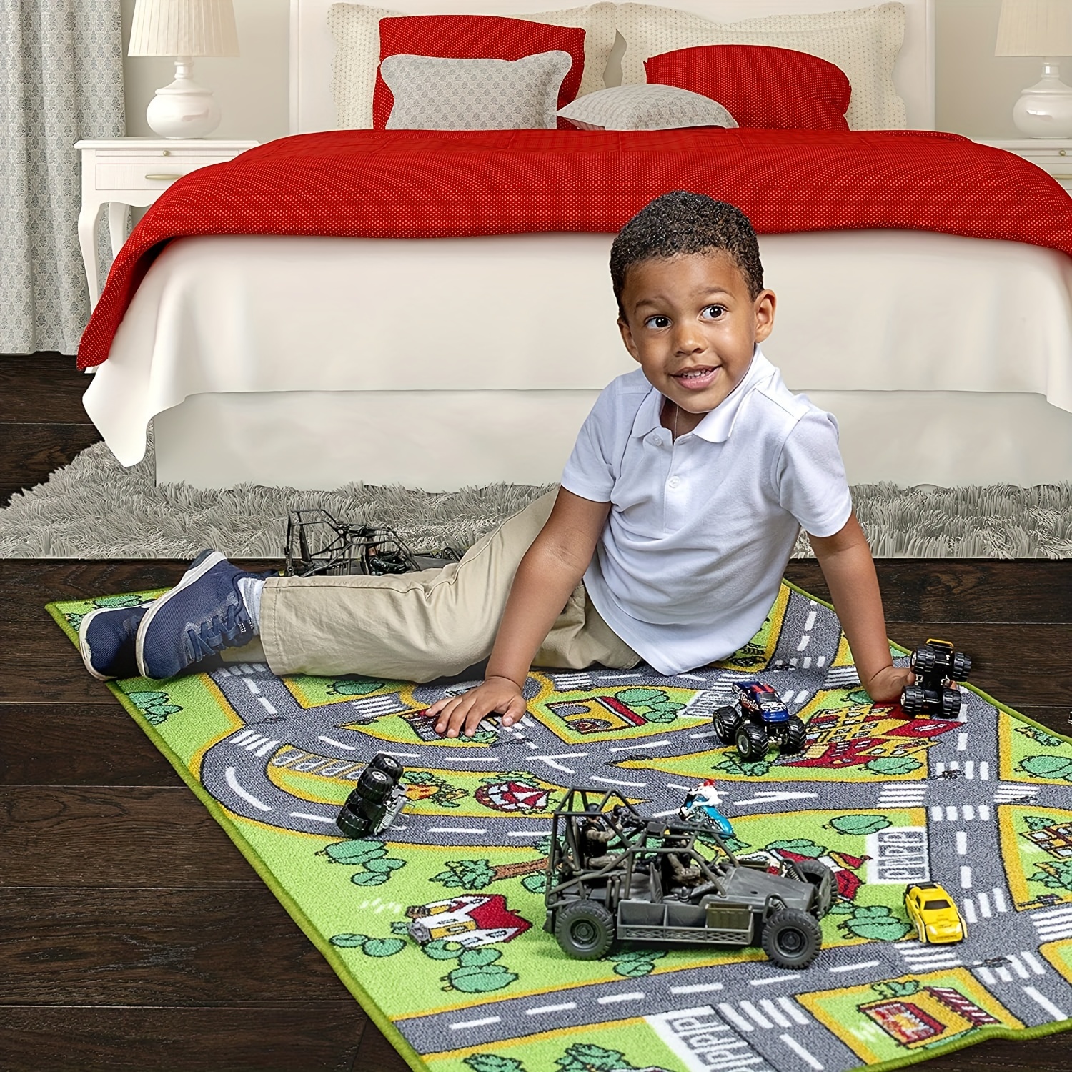  Alfombra de juego para niños de autos de juguete, 31 x 59  pulgadas, colorida alfombra de juego divertida con carreteras para  dormitorio, sala de juegos, alfombra temática de transporte, alfombra con