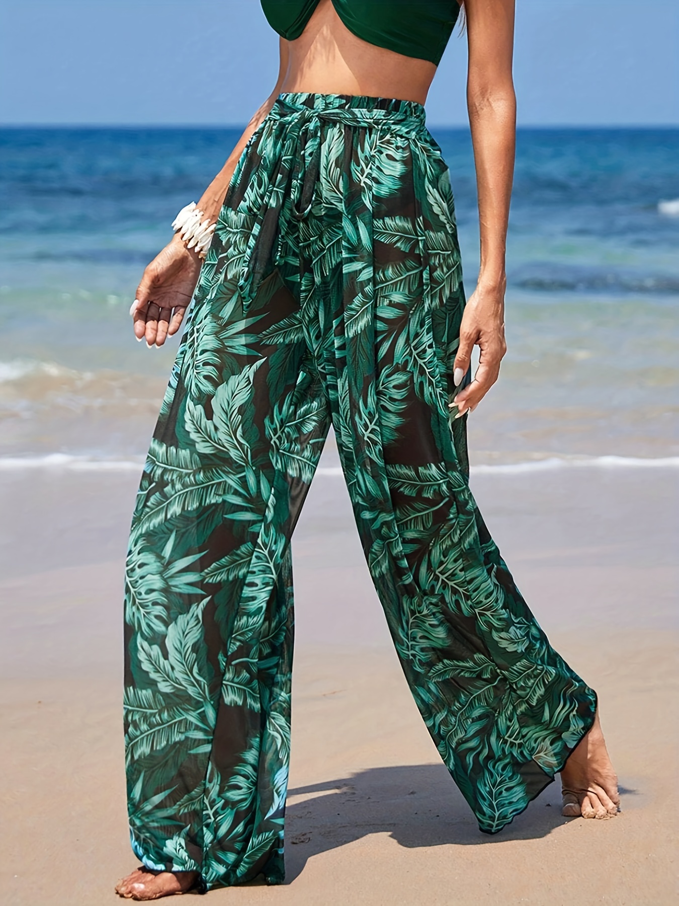 Tropical Palm Leaf Print Tie Front Belt Beach Cover Up Pants, Semi-sheer  Stylish Long Wide Leg Sun Protection Beach Pants, Women's Swimwear &  Clothing