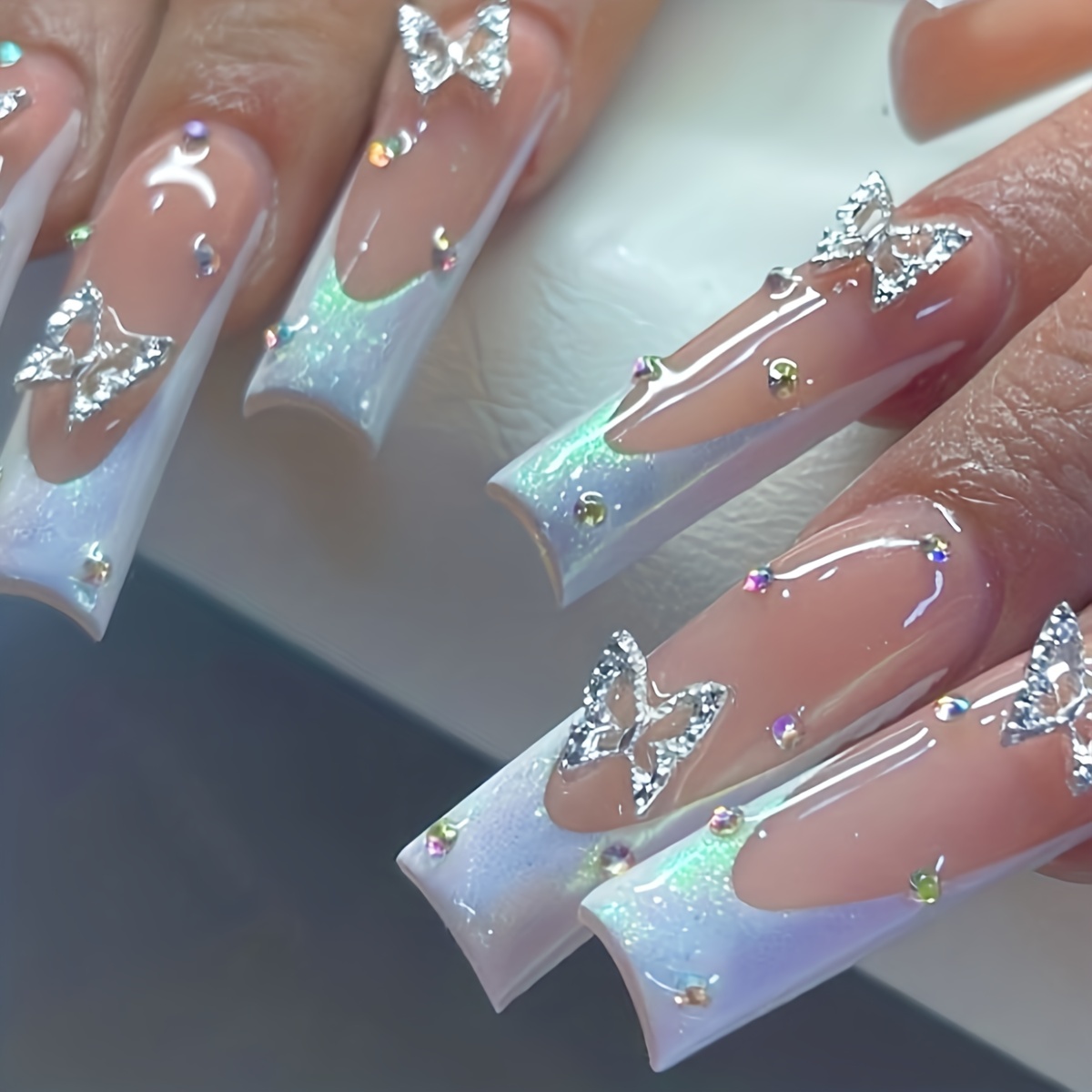 

24pcs Pinkish Press On Nails, Long Coffin Fake Nails With 3d Butterfly Rhinestone And Laser Silvery Glitter Design, Glossy Full Cover False Nails For Women And Girls