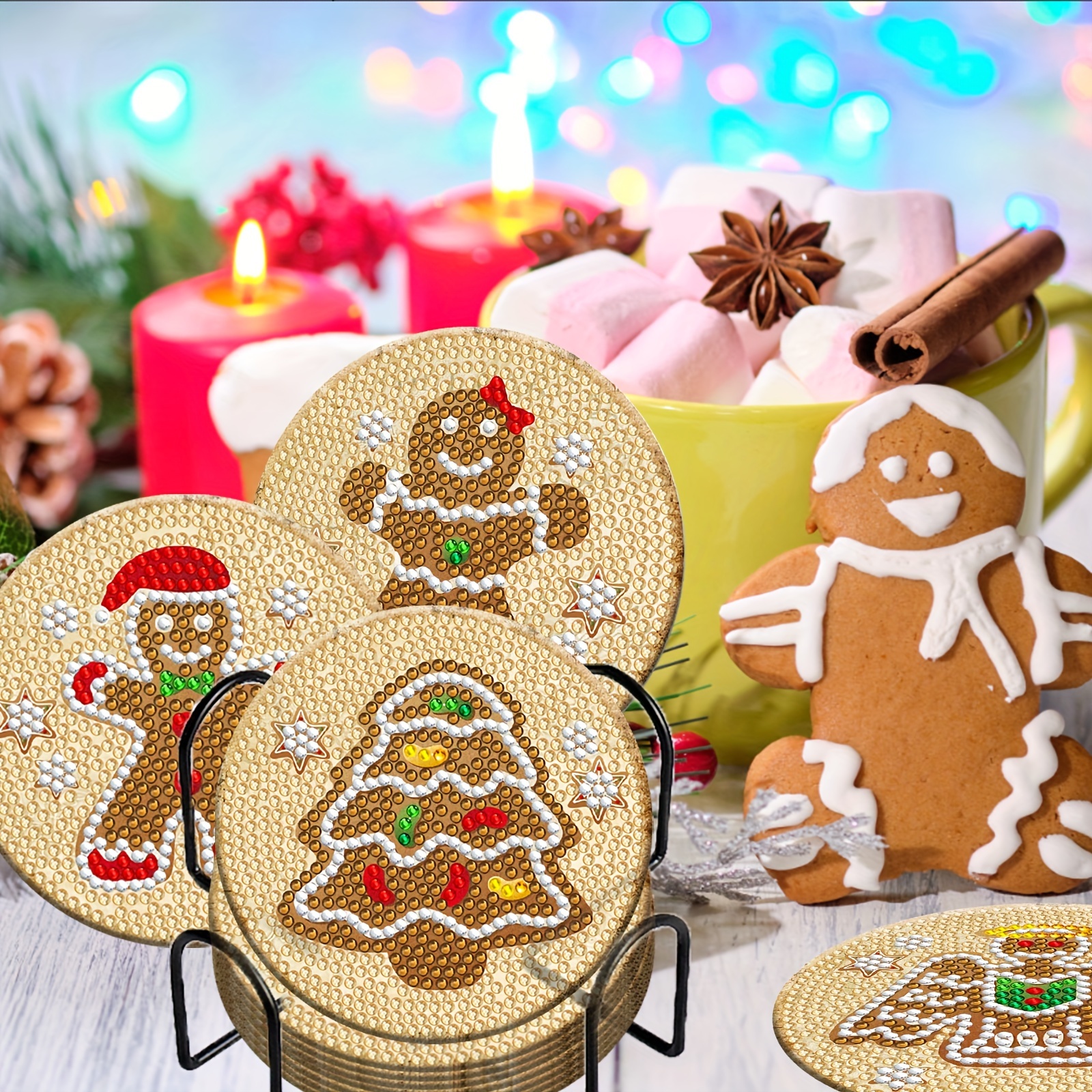 8pcs Christmas Gingerbread Man Diamond Painting Coasters Kits With Holder  DIY Christmas Gingerbread Man Diamond Art Coaster Coaster For Adults Diamond