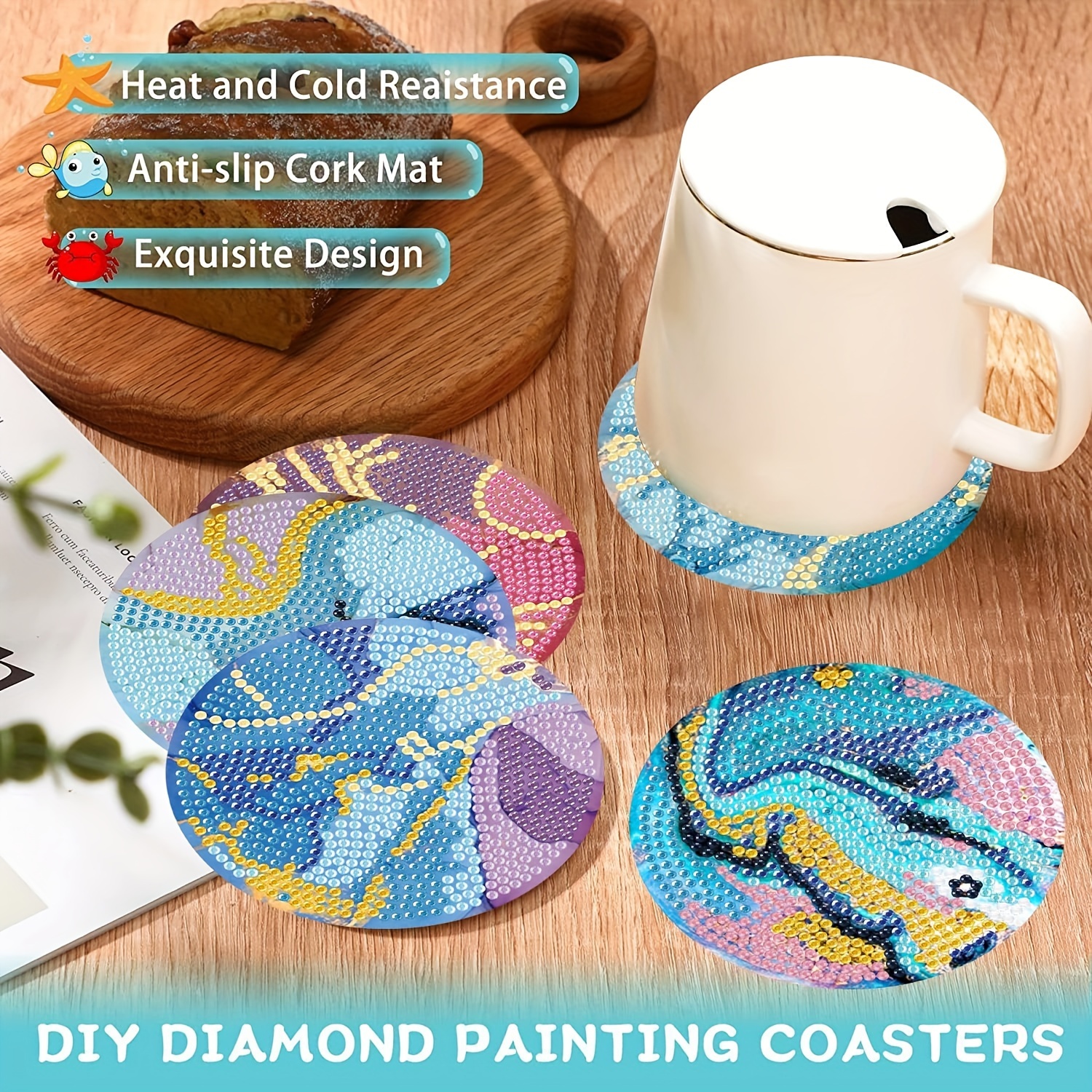 8pcs Diamond Painting Coaster Set With Stand, Diy Cartoon Cup Mat