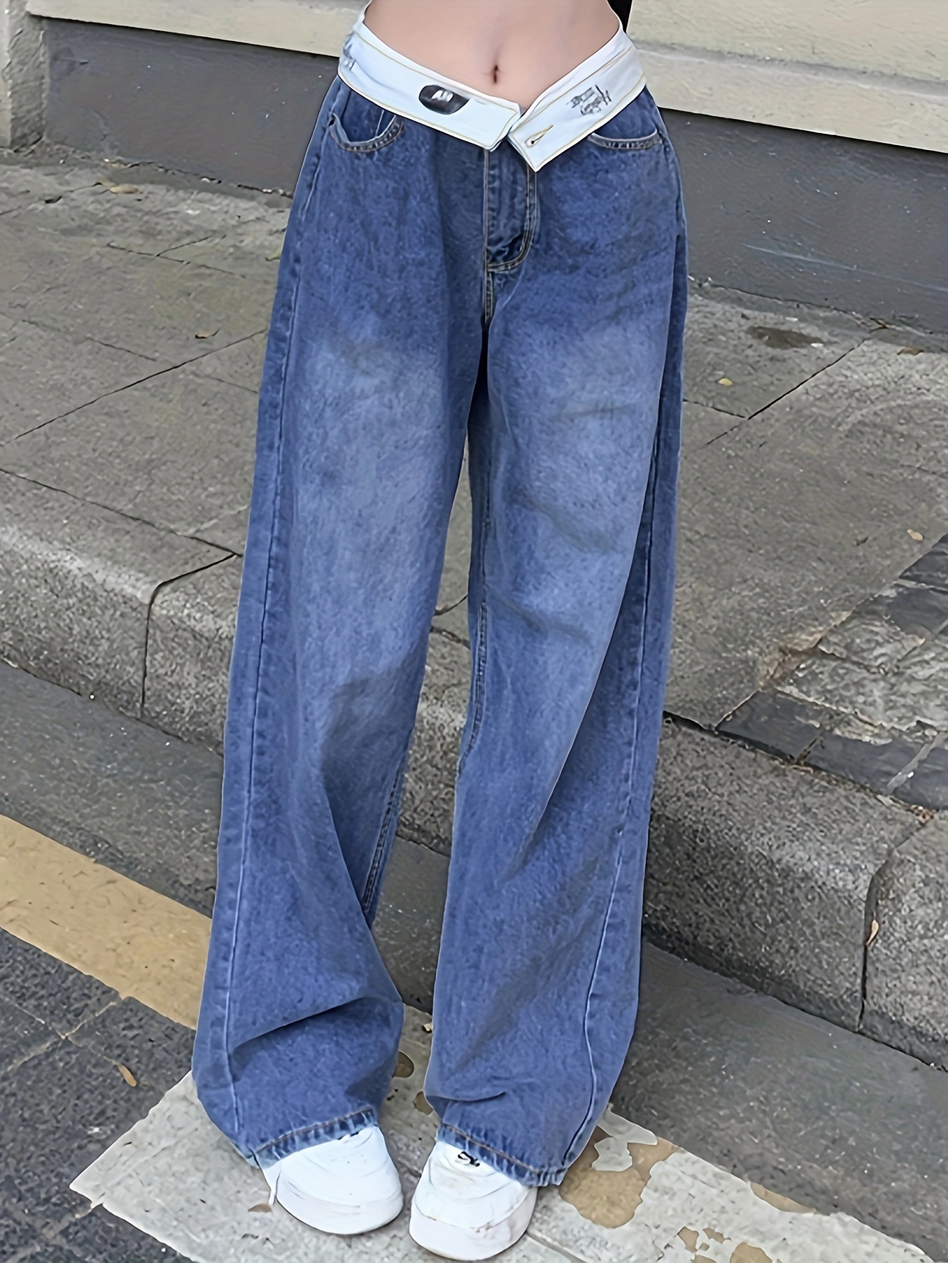 Blue Flipped Waist Design Straight Jeans Loose Fit Double - Temu