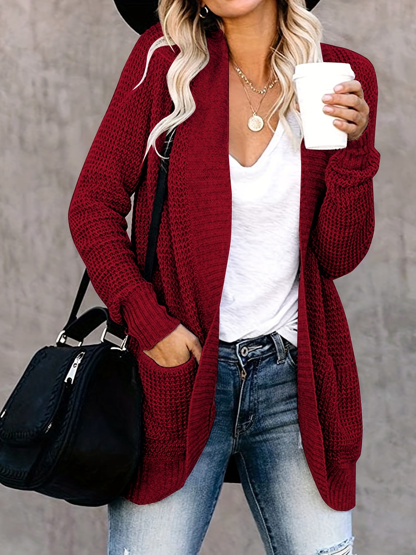 Cardigan for Women Waffle Knit Waterfall Cardigan (Color : Burgundy, Size :  XX-Large)