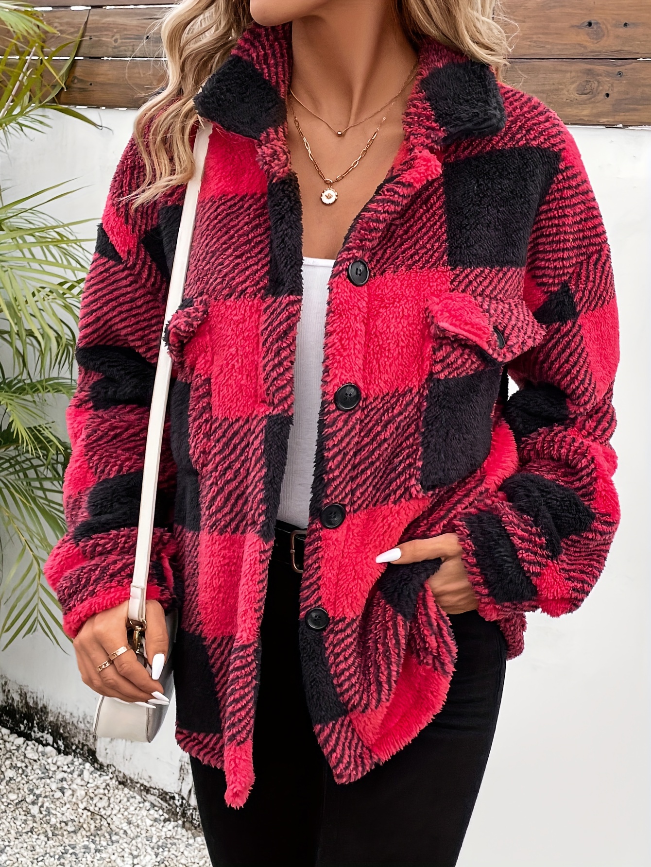 Plaid Pattern Lapel Neck Outerwear, Women's Fuzzy Fall Casual Button Front Long Sleeve Warm Women's Clothing Winter Coat,Temu