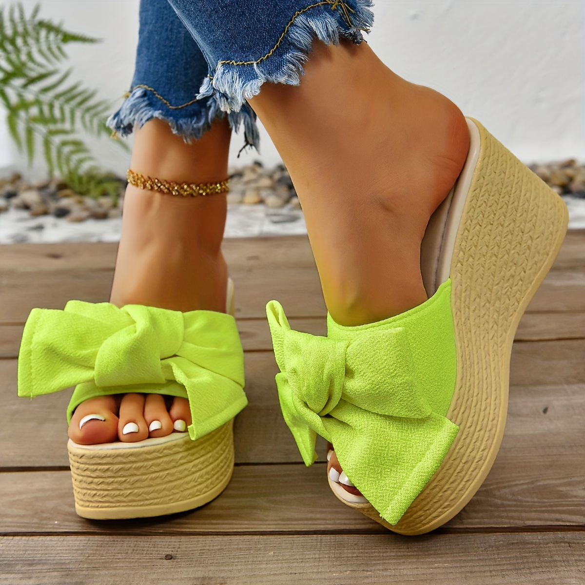 Women's Bowknot Decor Wedge Sandals Casual Slip Platform - Temu