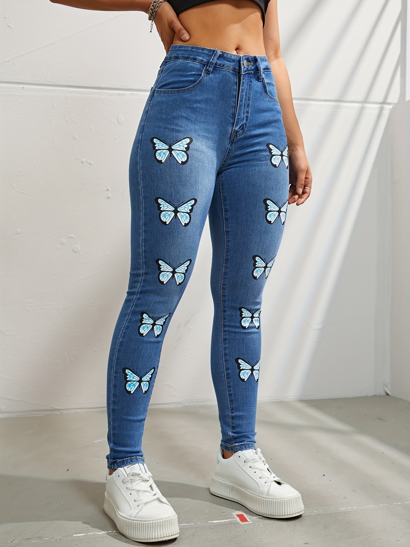 Loose Butterfly Printed Jeans for Women Casual Straight Pants High Waist  Denim Trousers Jeans,M