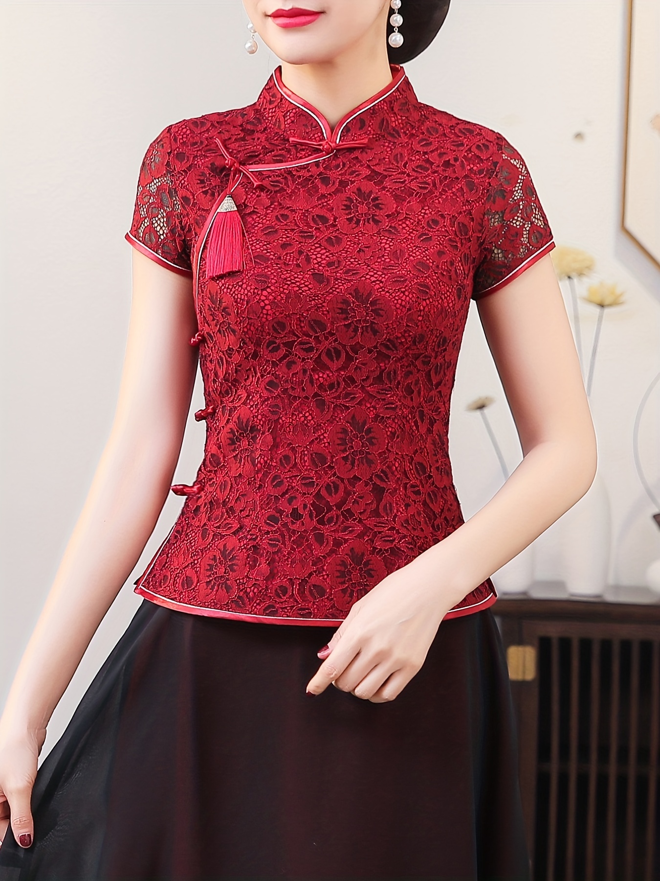 Women's Line Cotton Shirt, Mandarin Collar, China Frog Button