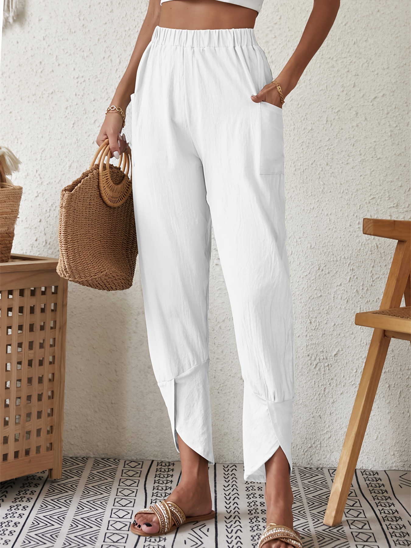 Solid Elastic Waist Pants, Casual Loose Beach Pants With Pockets, Women's  Clothing