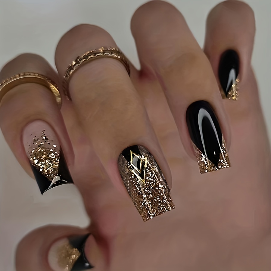 French Tip Press on Nails Almond Medium Fake Nails with Gold Line Shine  Design Full Cover Reusable Black Artificial Acrylic Coffin False Nails Set