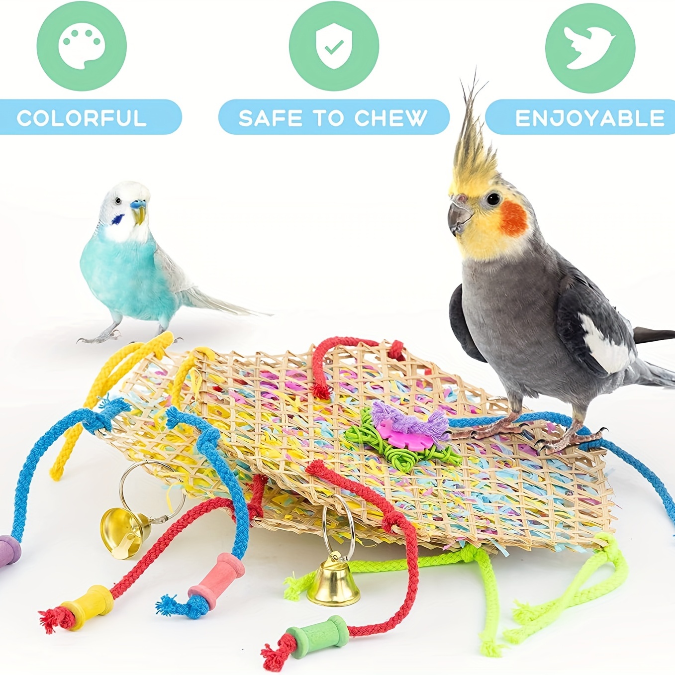 Parrot Toys Bird Cage Toy Colorful Cotton Rope Wood Blocks Training Toy Bird Parrot Hanging Chewing Toy Cage Accessories for Macaws Cockatoos