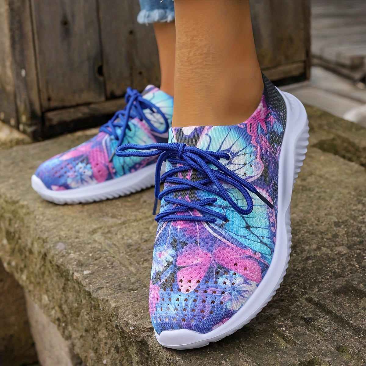 Women's Blue Butterfly Knitted Breathable Lace-up Casual Sports Shoes