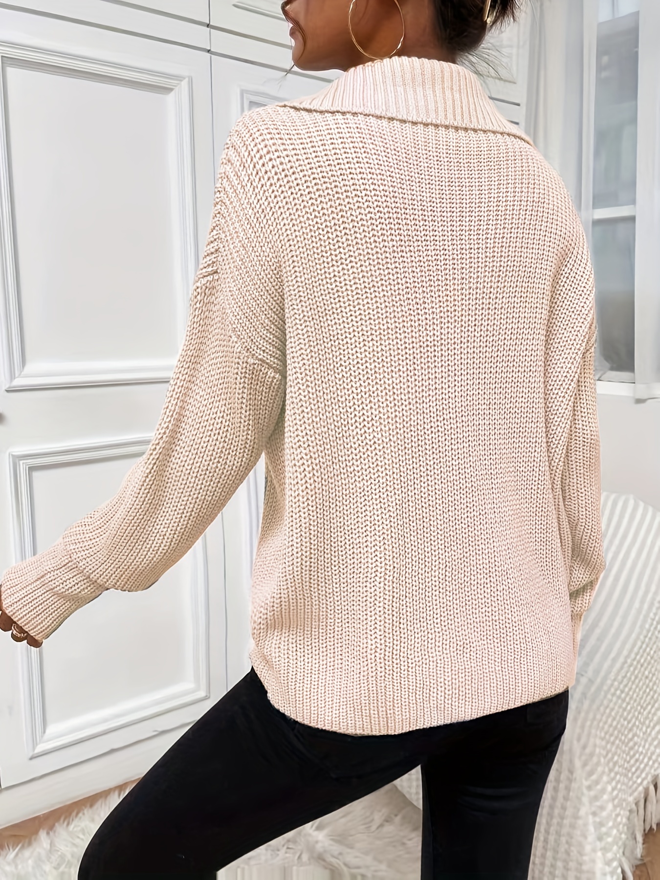 Solid Zipper Front Knit Top Vintage Long Sleeve Drop Shoulder Sweater For Fall Winter Women s Clothing