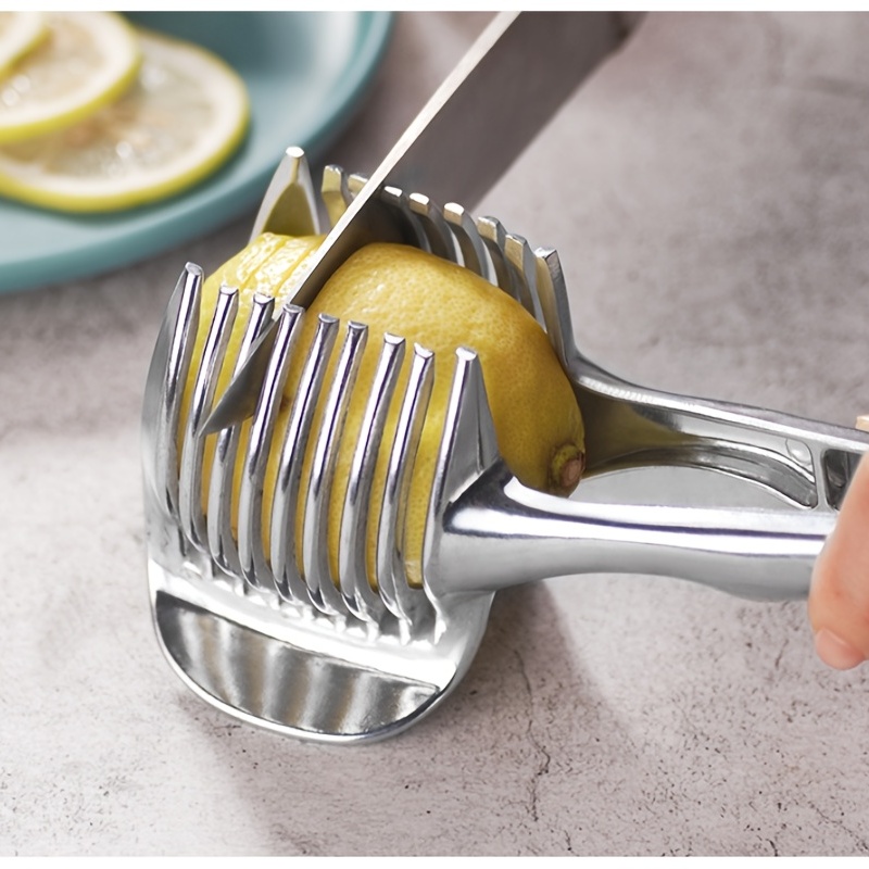 Tomato Slicer Lemon Cutter Holder Aluminum Alloy Easy Slicing Round Fruits  Kiwi Lime Vegetables Onion Potato Cutter Guide Tongs with Handle Kitchen  Cutting Aid Holder Tool 
