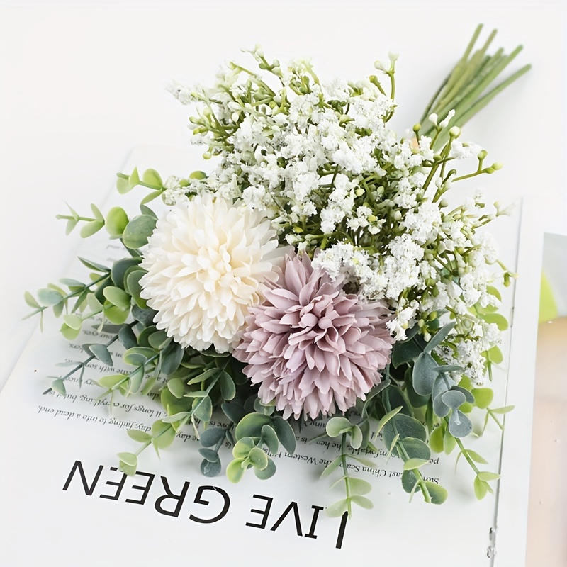 Artificial Babys Breath Flowers Silk White Peony Roses Eucalyptus Leaves  Wedding Bridal Bouquets for Table Centerpieces Valentine's Day Gifts  Birthday Gifts Decoration