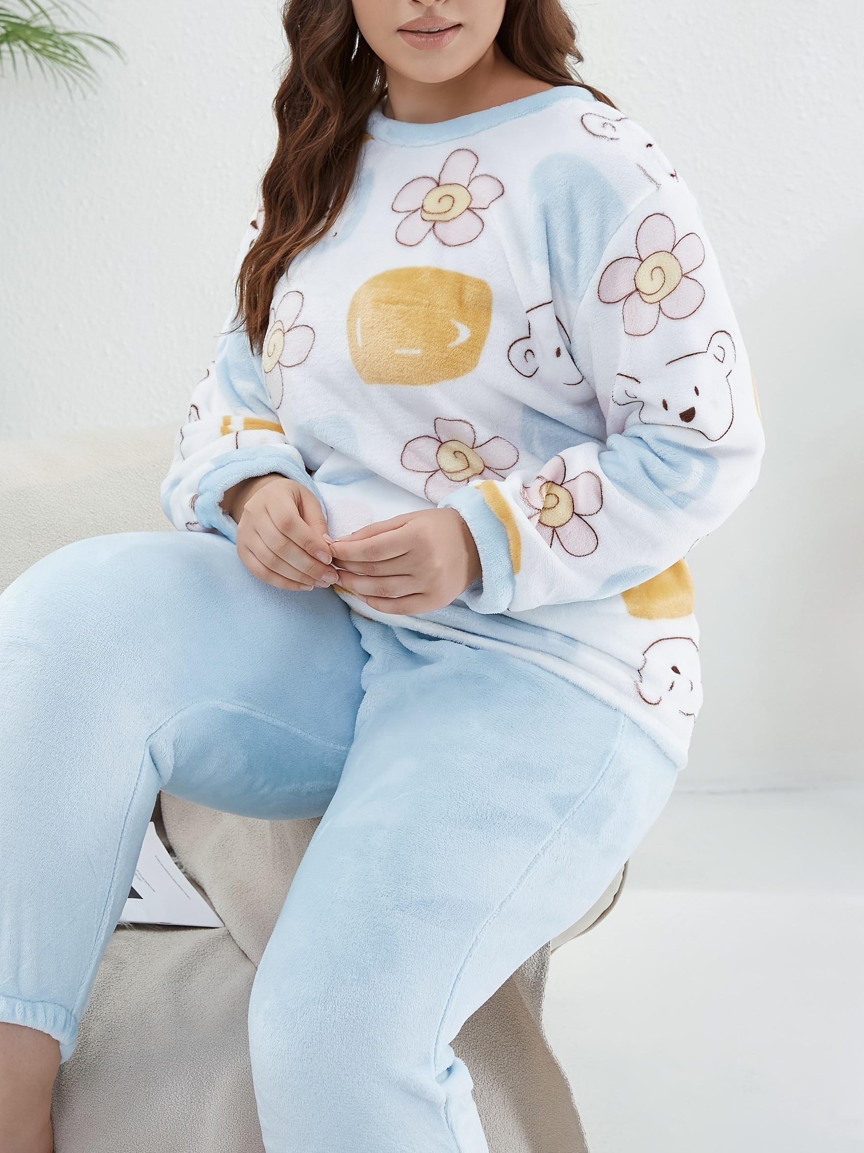 Plus Size Kawaii Pajama Set Women's Plus Bear Print Flannel - Temu