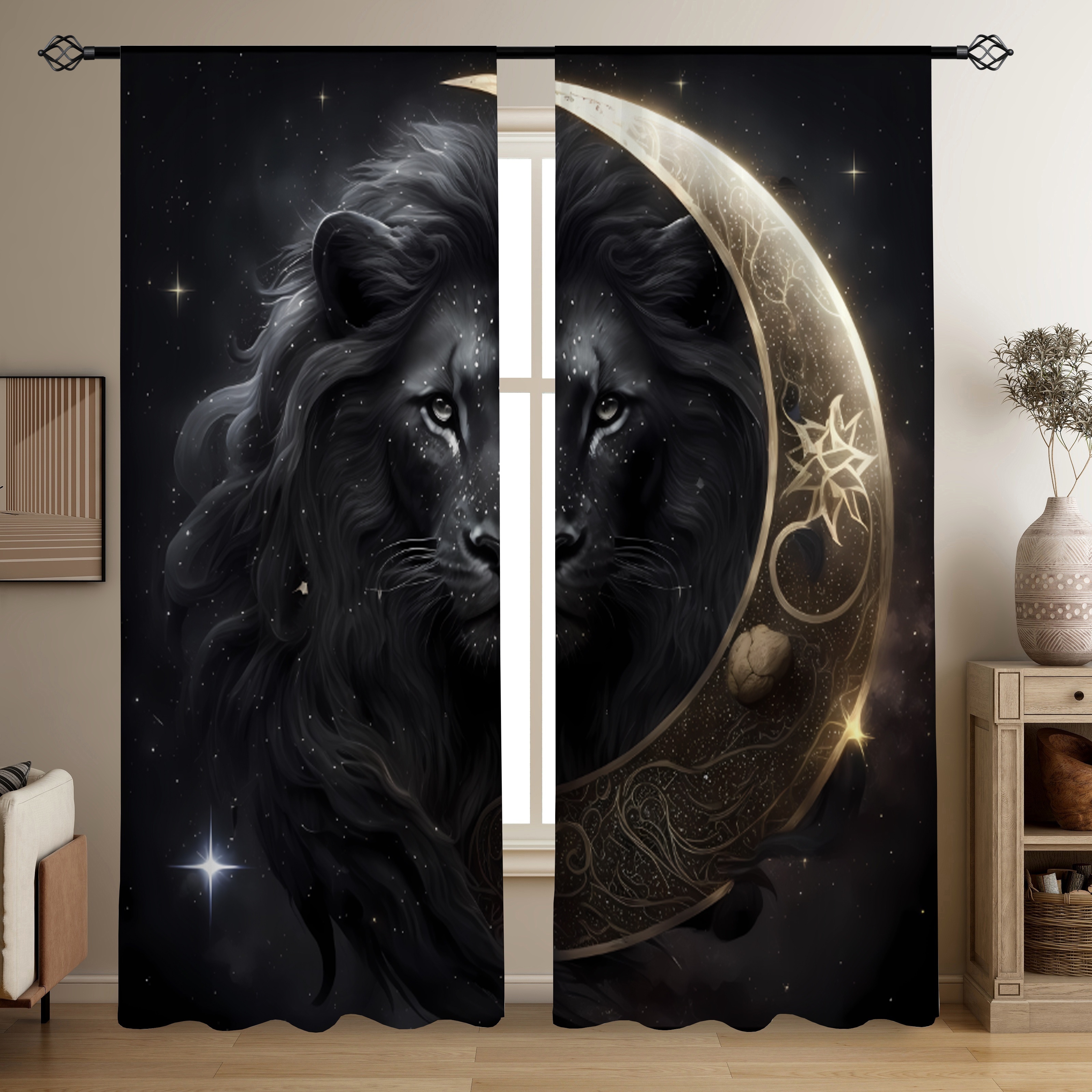 

2pcs, Lion Moon Printed Translucent Curtains, Multi-scene Polyester Rod Pocket Decorative Curtains For Living Room Game Room Bedroom Home Decor Party Supplies