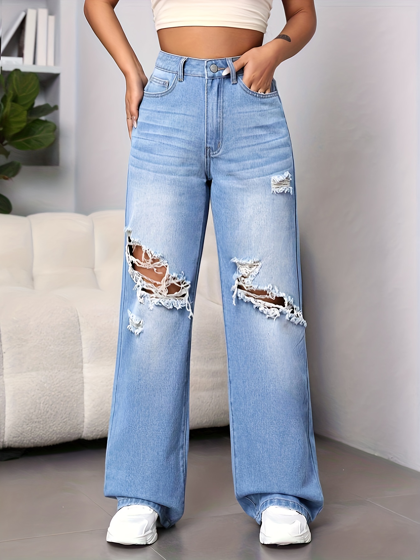 Blue Ripped Holes Baggy Jeans Loose Fit Distressed Washed - Temu Canada
