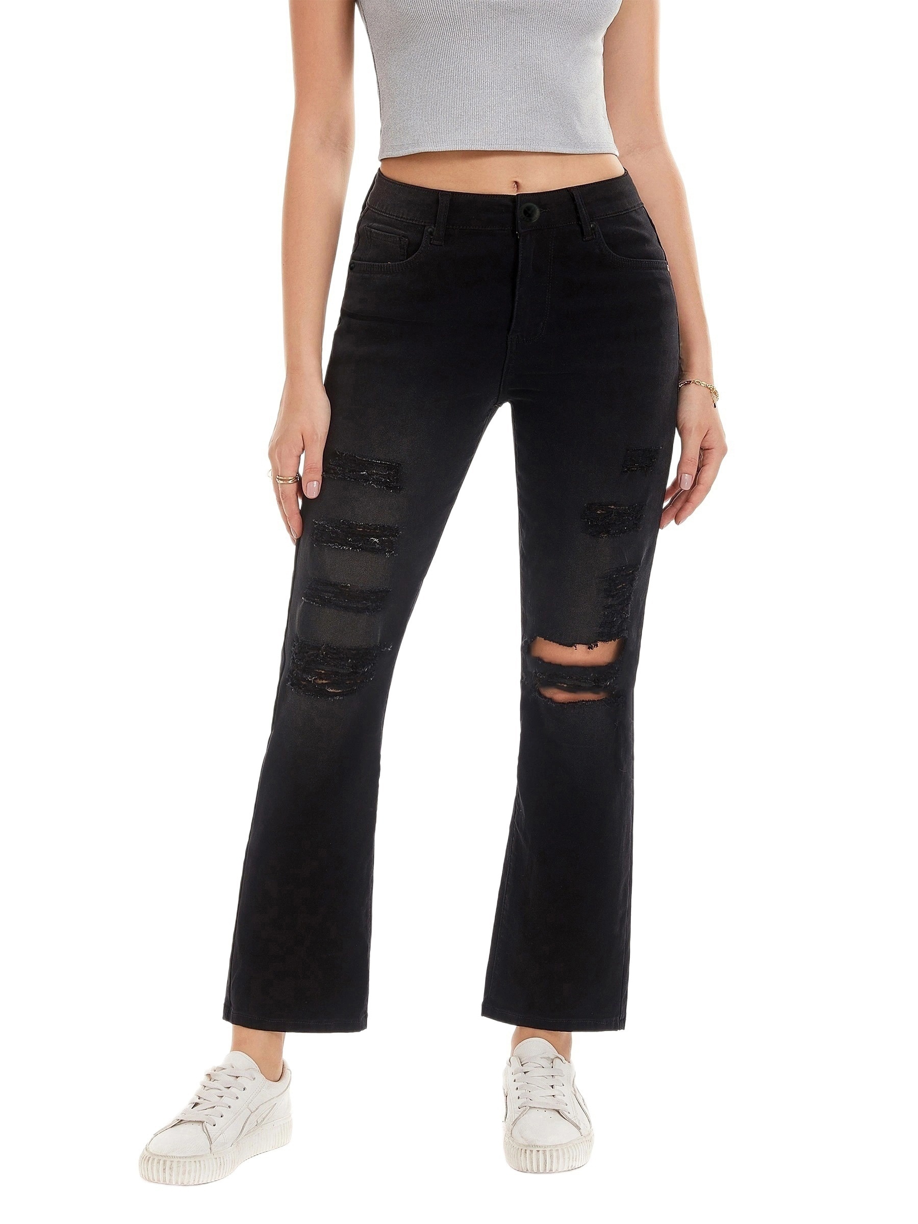 Ripped Black High Strech Slim Fit Jeans, Distressed Slant Pockets High Rise  Denim Pants, Women's Denim & Clothing