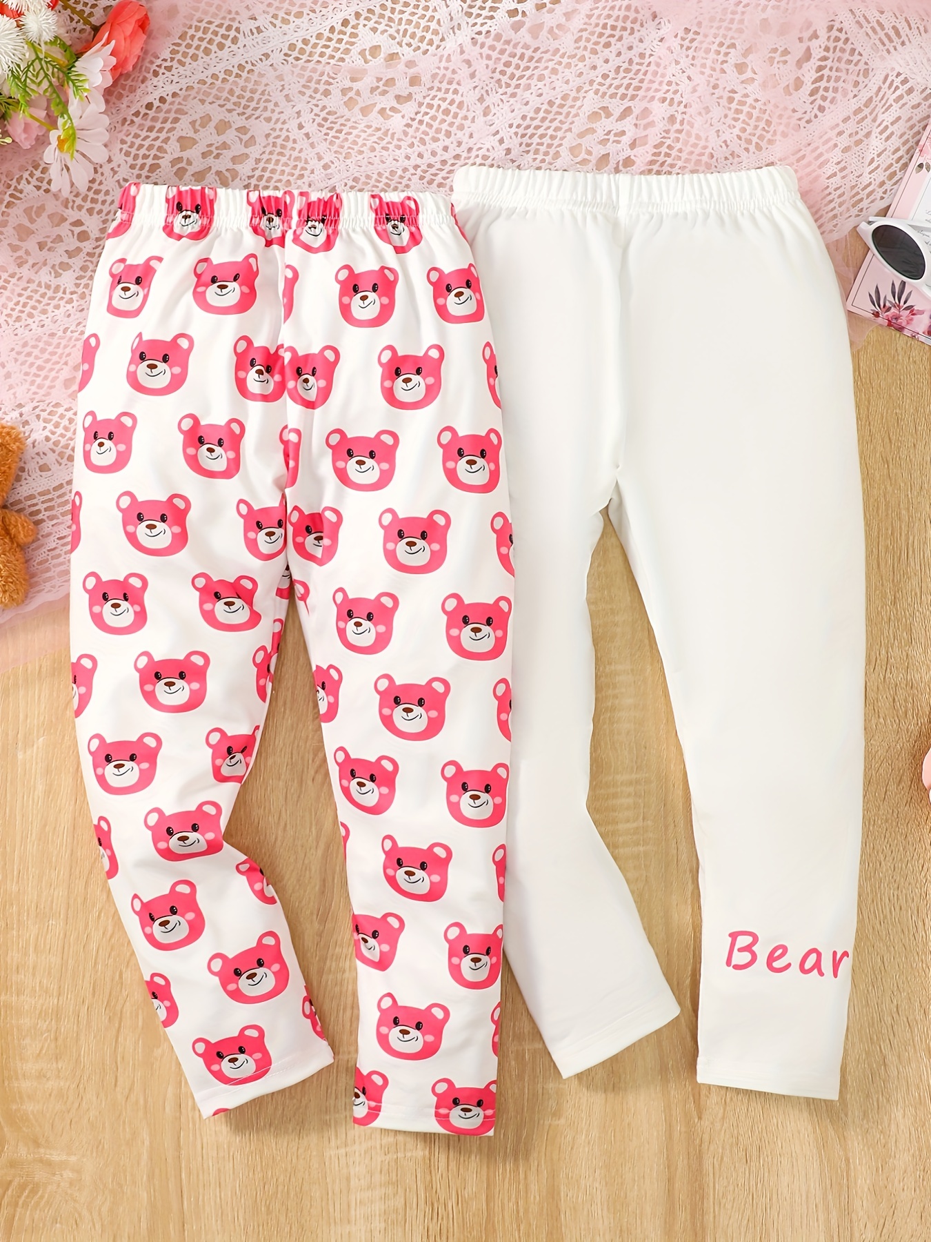 2pcs Pink Bear Full Print Leggings Outfit