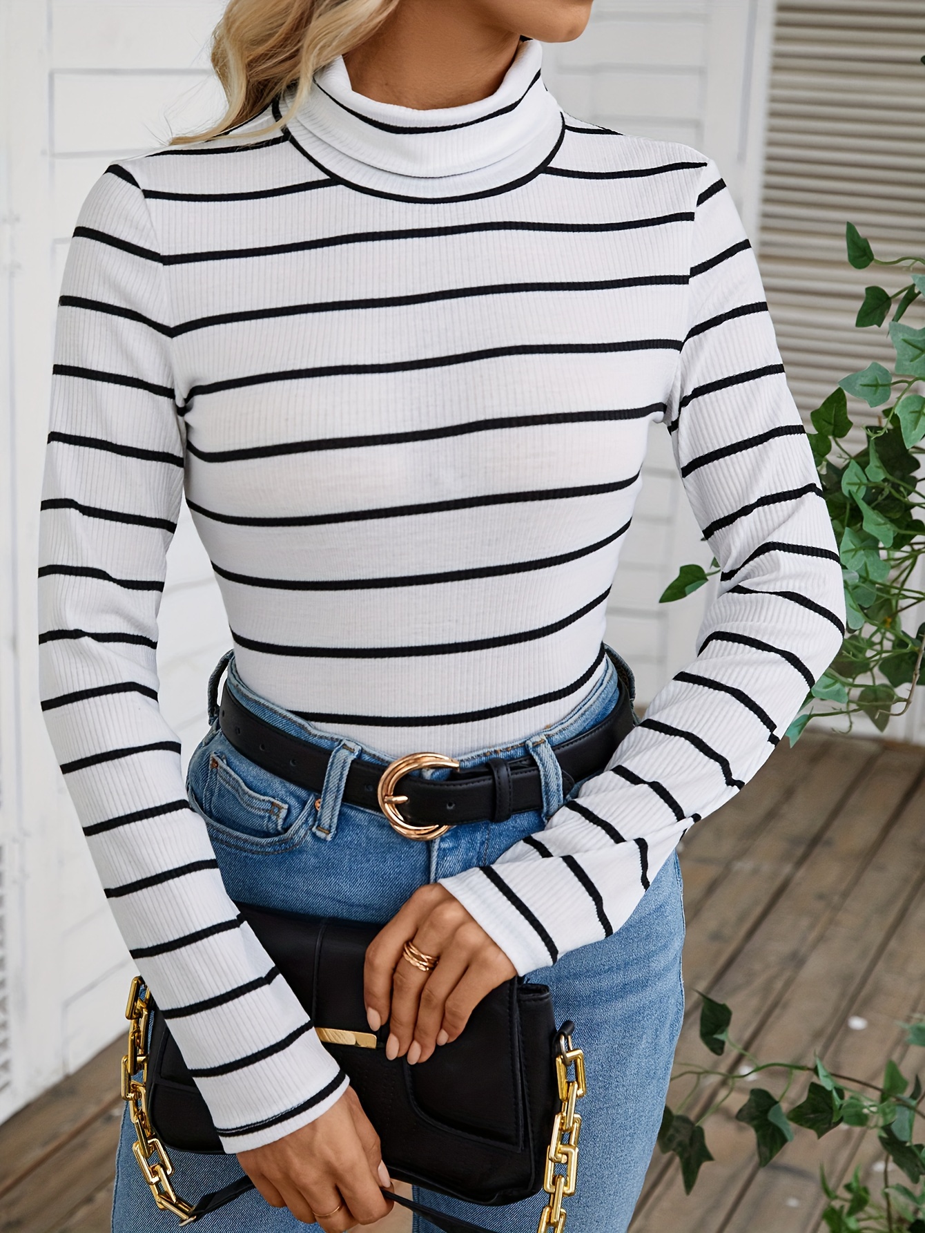Striped Print High Neck T-Shirt, Casual Long Sleeve Top For Spring & Fall,  Women's Clothing
