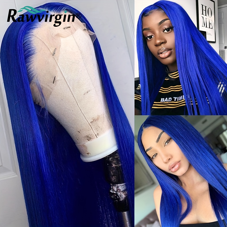 Blue Colored 13x4 Lace Frontal Human Hair Wigs Blue Lace Temu Canada