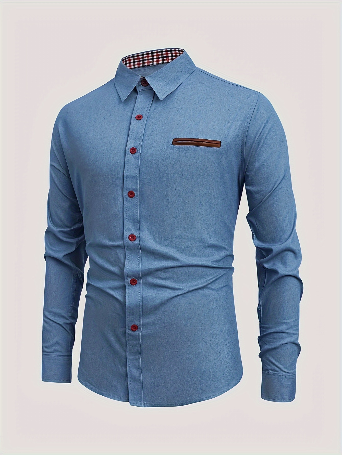 Camisa con botones de manga larga y corte entallado de negocios para hombre  con bloques de color y bolsillo en el pecho para primavera y otoño, regalo