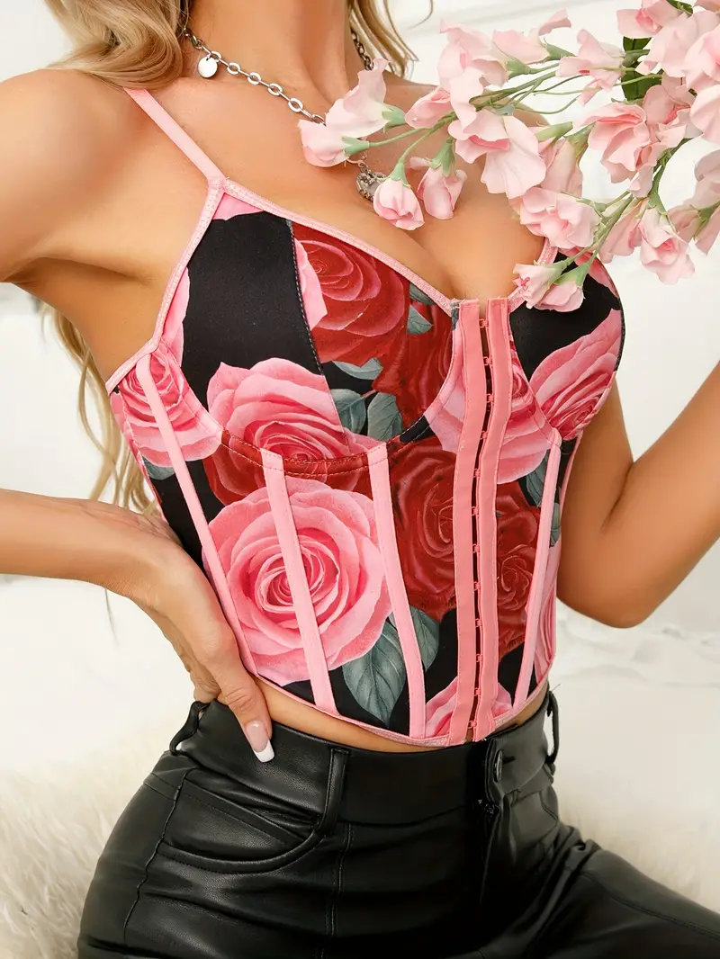 Floral Print Cami Corset Bustier Front Buckle Tummy Control - Temu