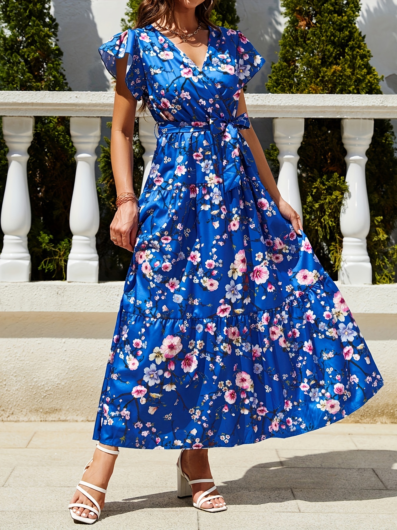 Blue And White Floral Maxi Dress With Frill Sleeves | Miss Floral | SilkFred