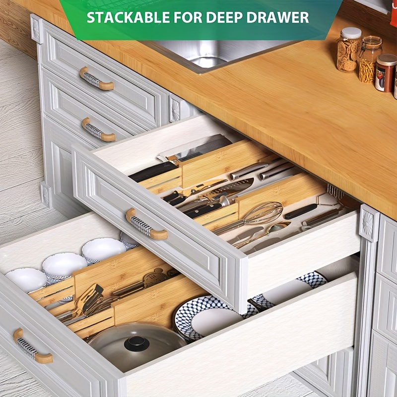 4 Pcs Bamboo Kitchen Drawer Dividers,adjustable Drawer Organizers