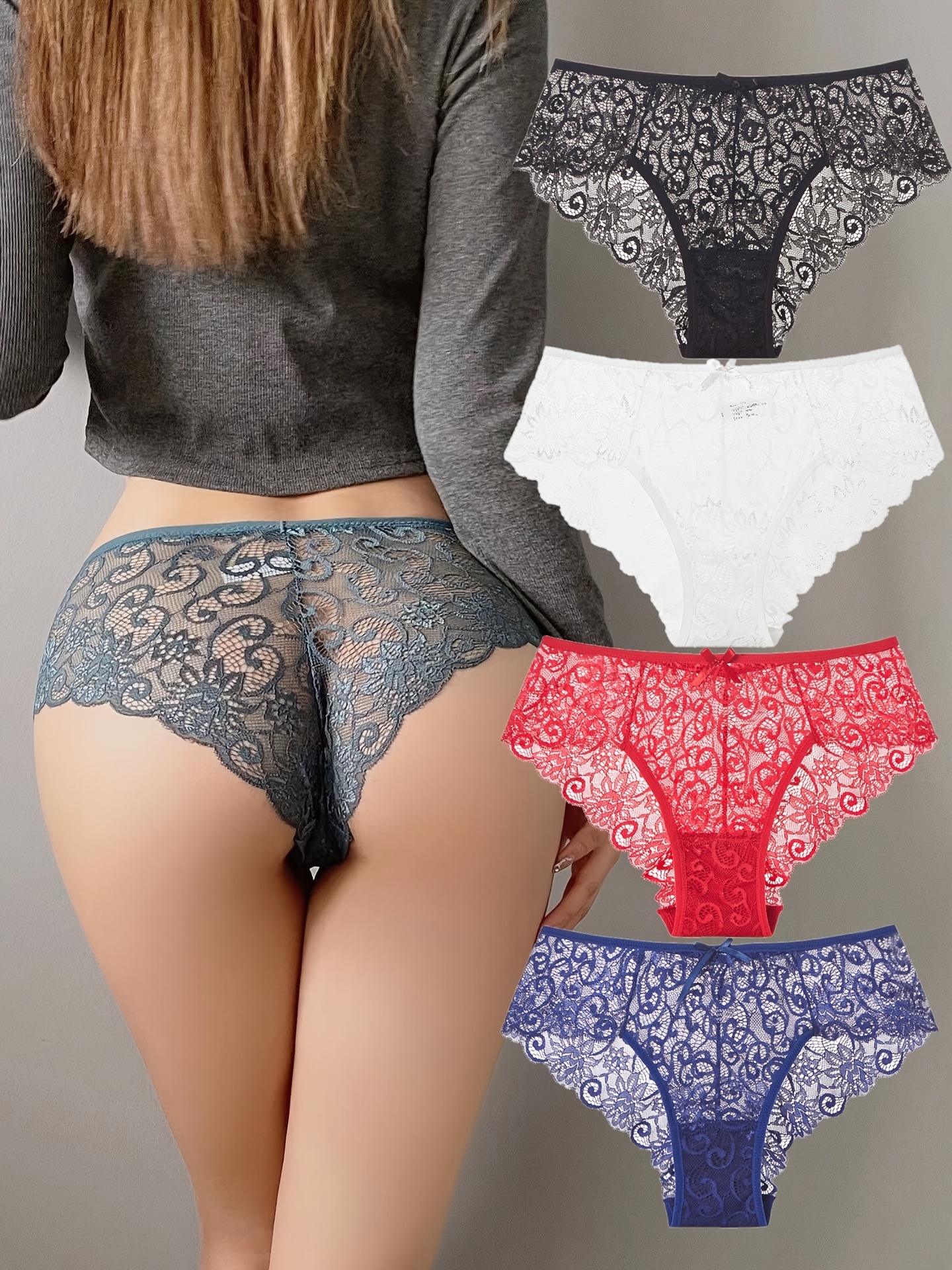 3pcs Lace Stitching Briefs, Erotic Sheer Open Crotch Panties, Women's Sexy  Lingerie & Underwear