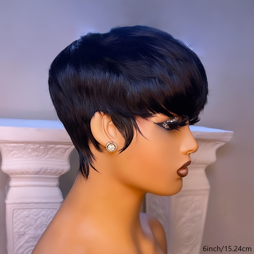 TEMU Cut Wigs For Women Human Hair Glueless Short Wig With Bangs Cut Wigs 9a Brazilian Human Hair Full Machine Made Wig, Natural Black Color Haircut Short Wigs For Women