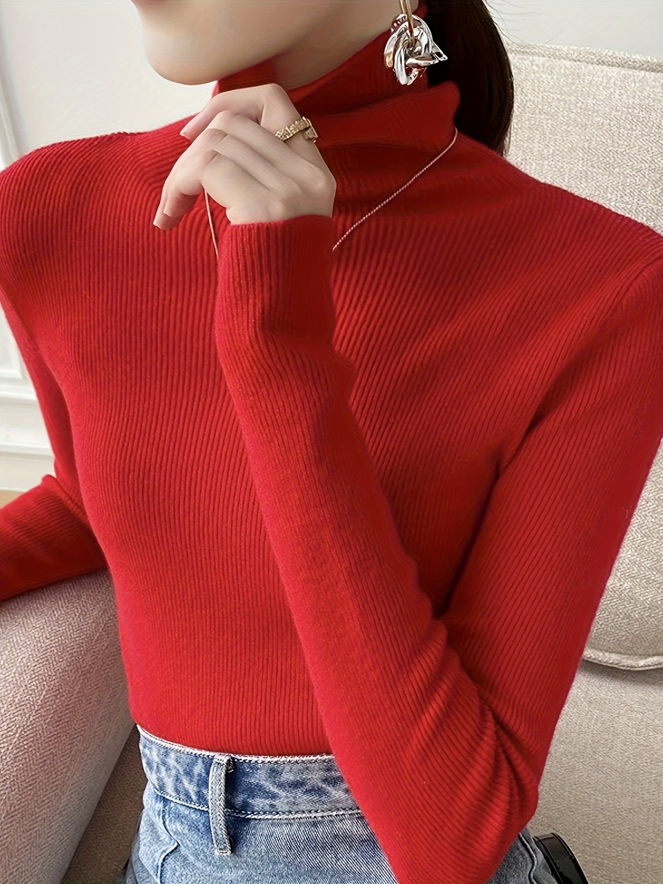 MKIUHNJ Turtleneck Pullover Women's Red Fashion Solid Colour