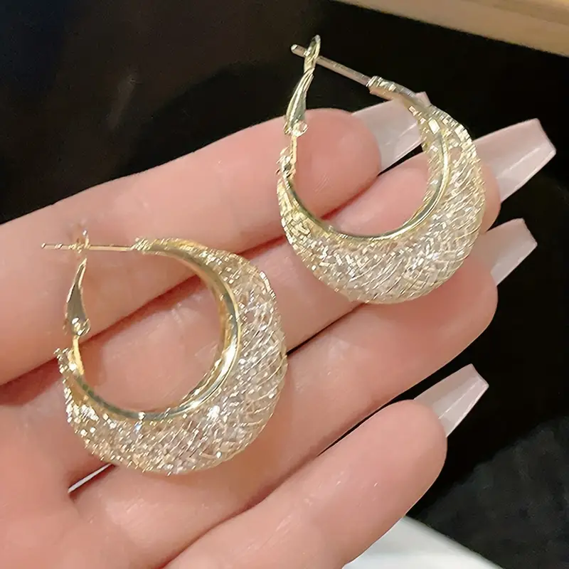 golden mesh design with shiny zircon decor hoop earrings elegant style zinc alloy jewelry daily wear accessories details 1