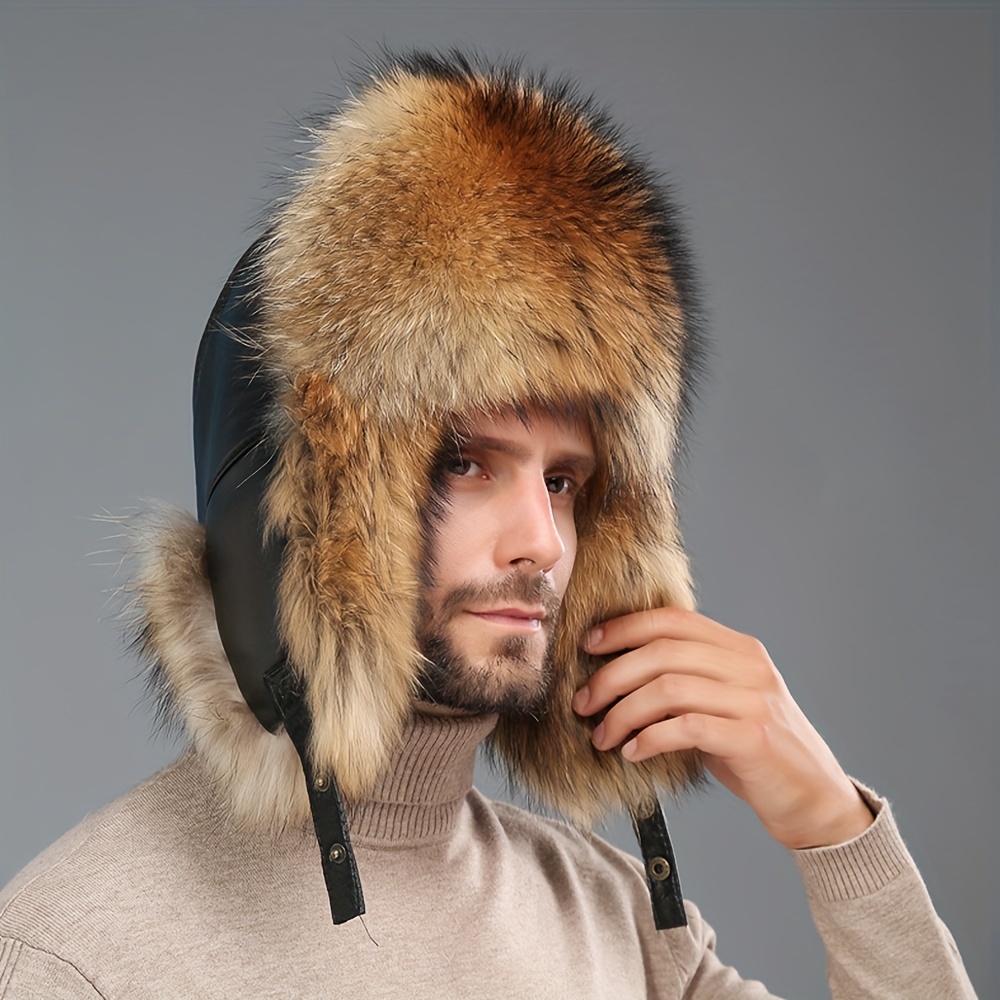 1pc Men's Fur Hat, Fox Fur Winter Warm Thickened Windproof Ear Protection  Hat