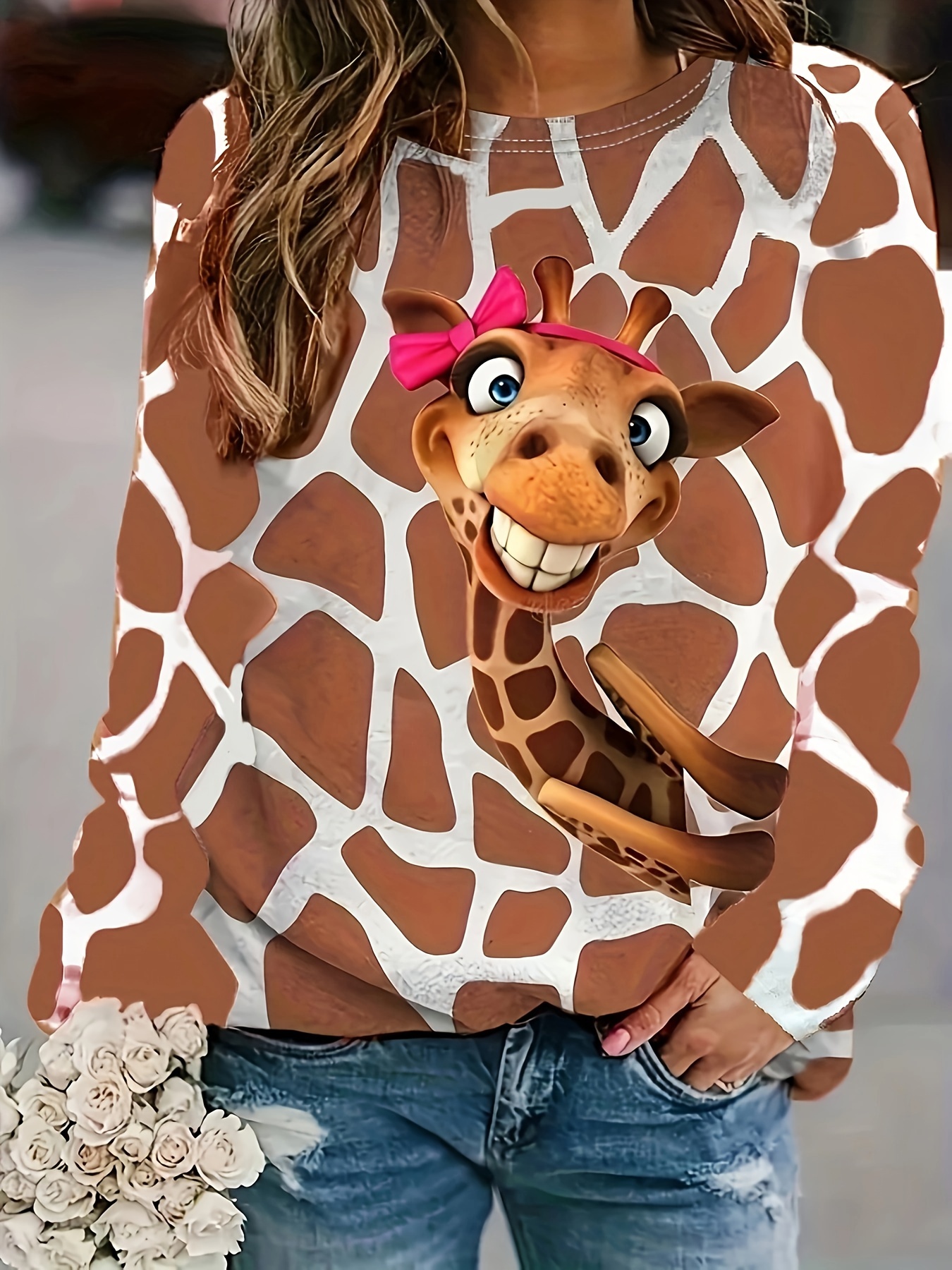 Womens Plus Size Tops Casual Crewneck Sweatshirt Cute Giraffe Print Blouse  Splicing Long SleeveShirts Pullover Medium