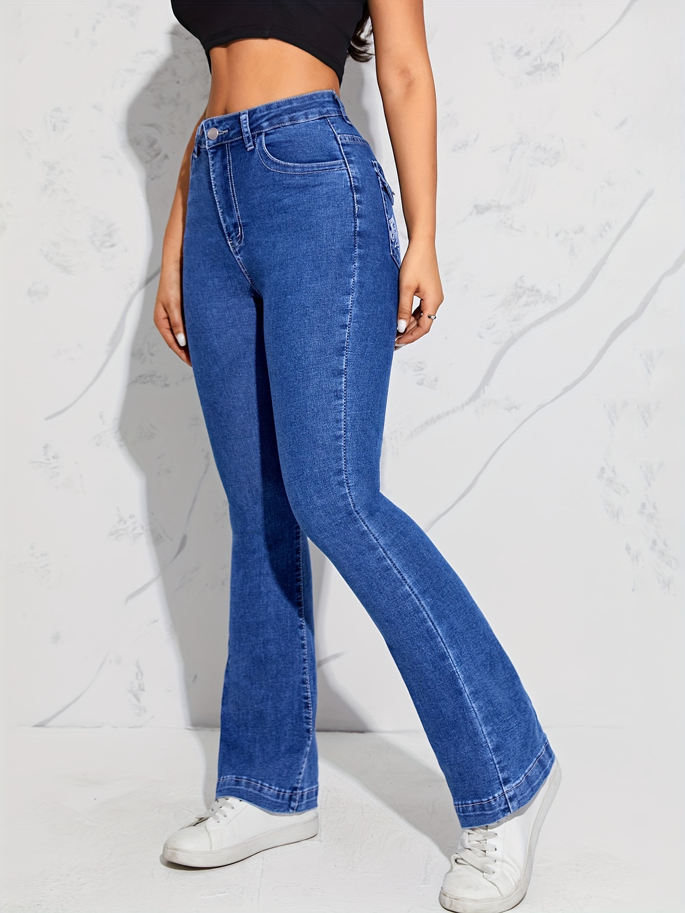 Blue Flap Pockets Flare Jeans High Stretch Embroidered Decor - Temu