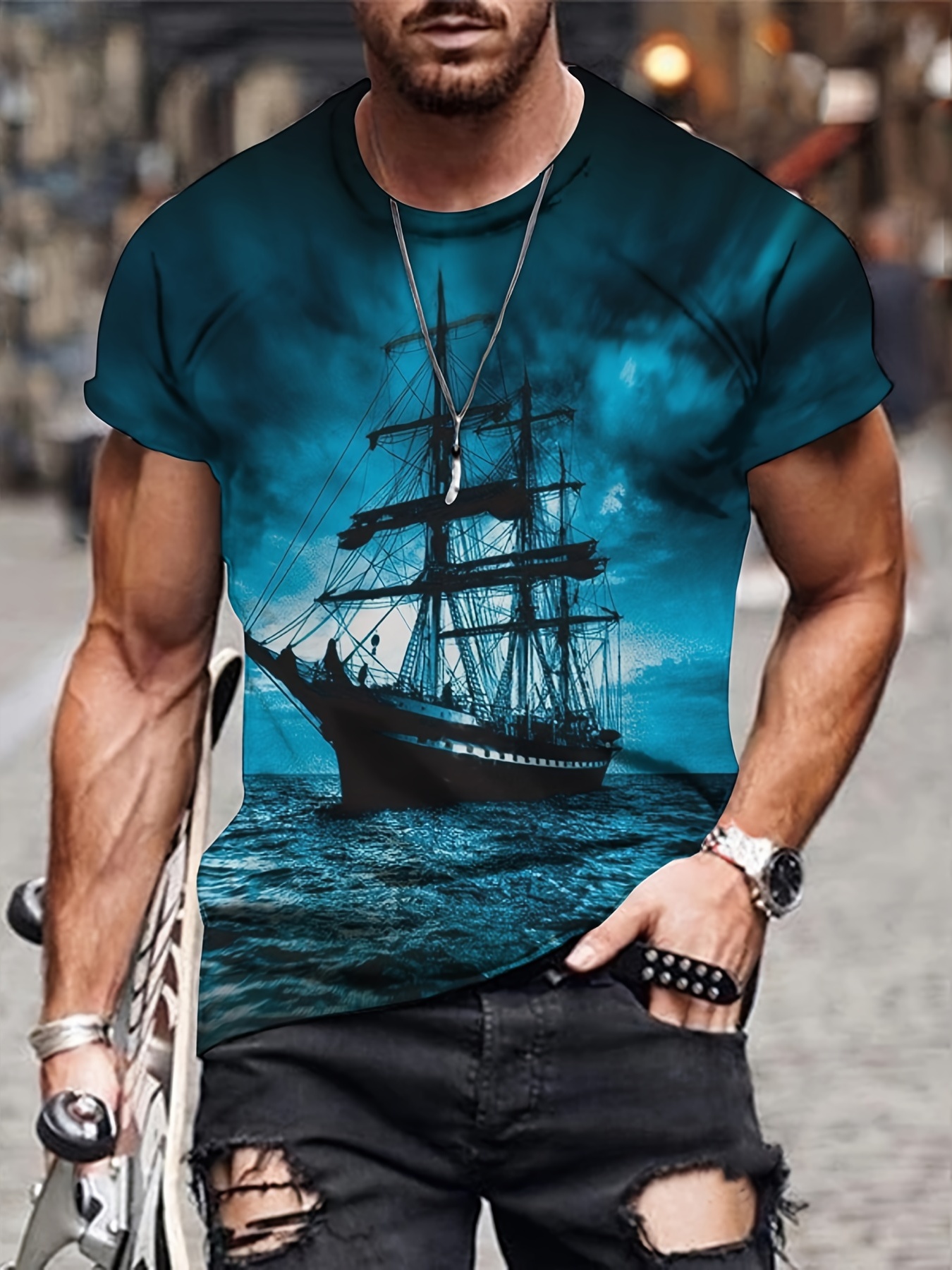 Sailing Ship Print, Men's Graphic Design Crew Neck Novel T-shirt, Casual Comfy Tees Tshirts For Summer, Men's Clothing Tops For Daily Vacation