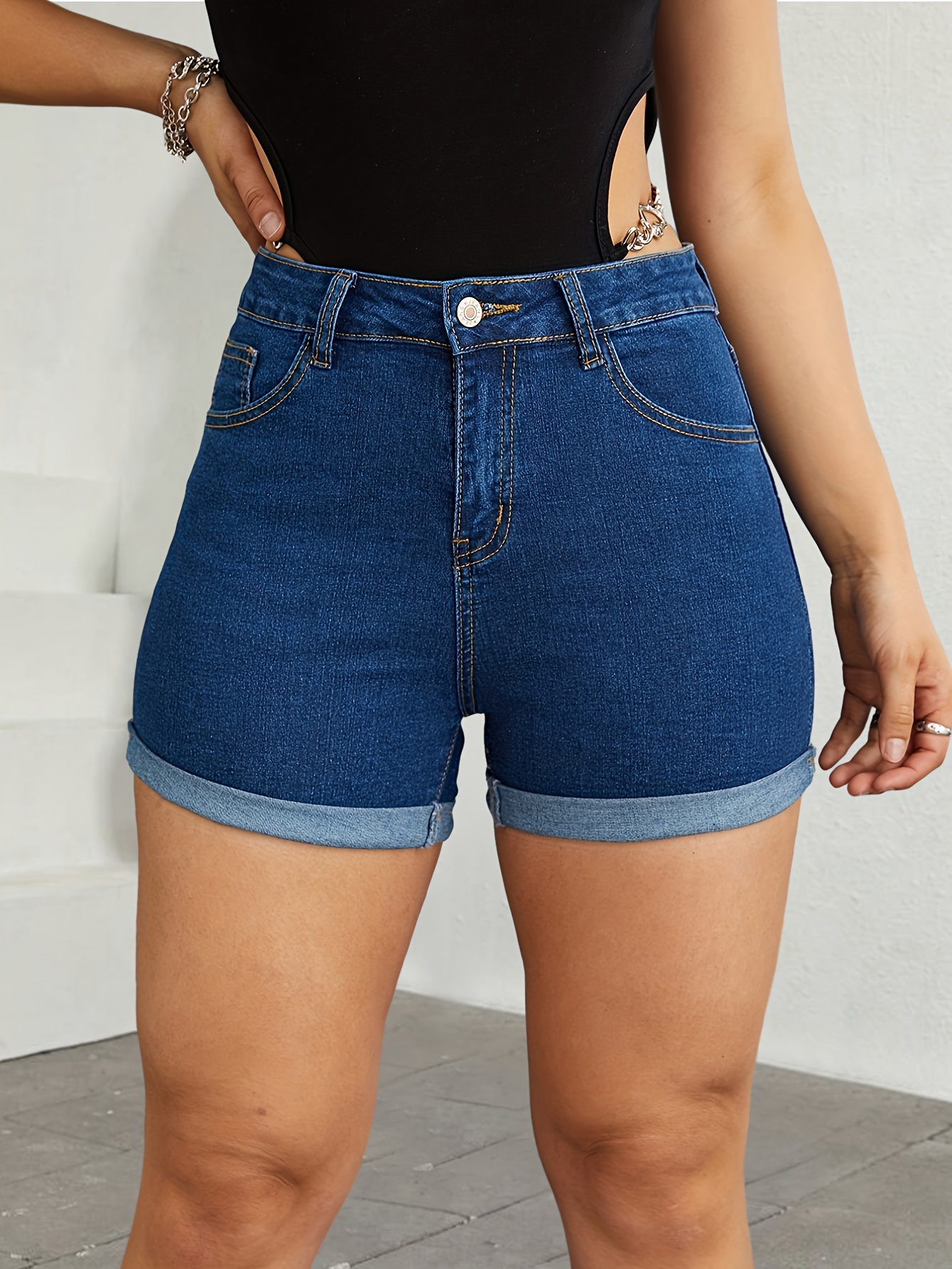 Ripped Distressed Roll Up Hem Denim Shorts, Cuffed High * Stretchy Denim  Pants, Stylish Pants For Every Wardrobe, Women's Denim Jeans & Clothing