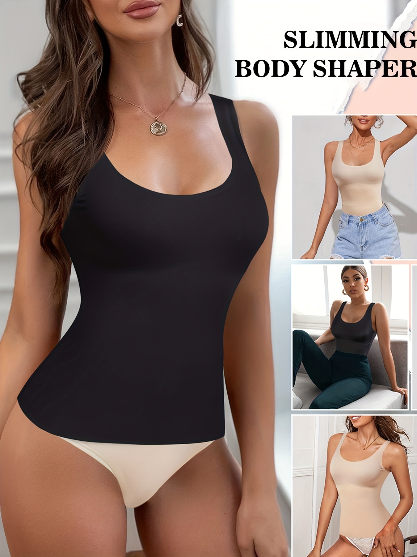 Solid Cami Shaping Tops, Tummy Control Slimmer Top, Women's Underwear &  Shapewear