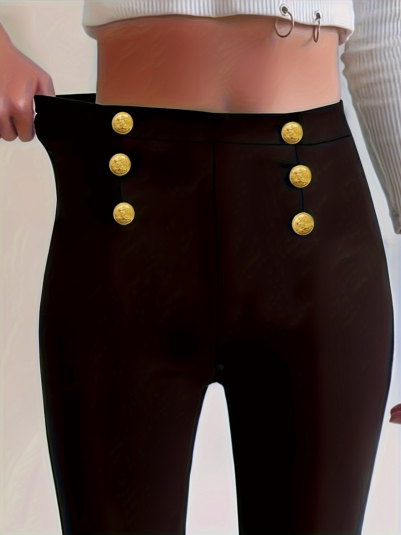 Plus Size Casual Pants Women's Plus Plain Button Decor Roll - Temu
