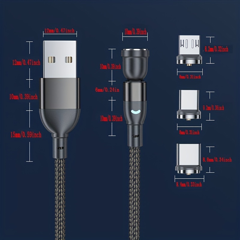 Cable USB-C Magnético, 540° Nylon Cargador Magnetico Micro USB