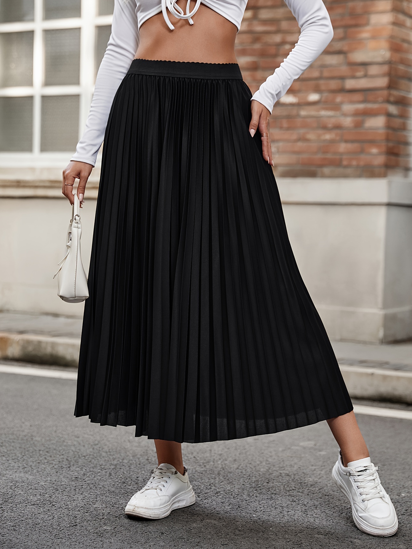 Solid Pleated Elastic Waist Skirt, Versatile Swing Skirt For Spring & Fall,  Women's Clothing